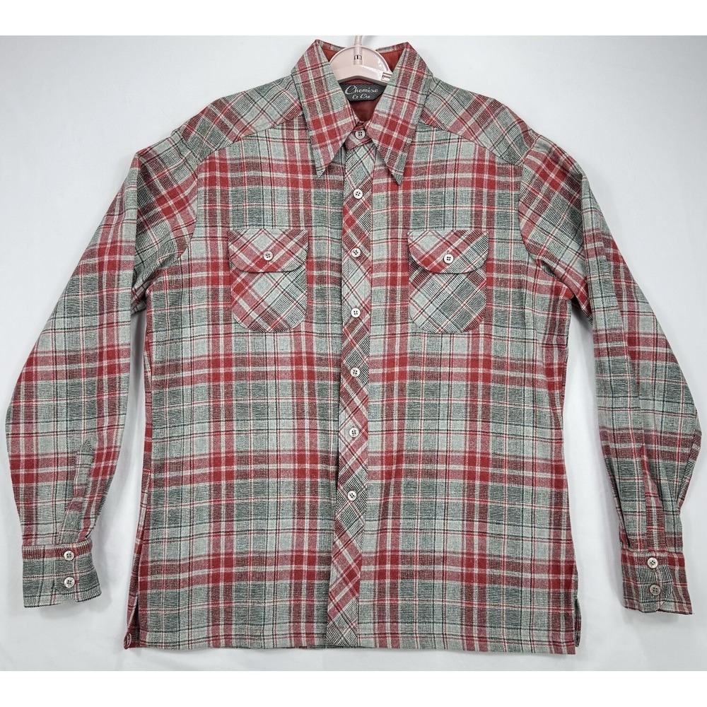 Vintage Chemise Et Cie Shirt Mens Large Red Plaid Wool Blend Flannel‎ Button Up